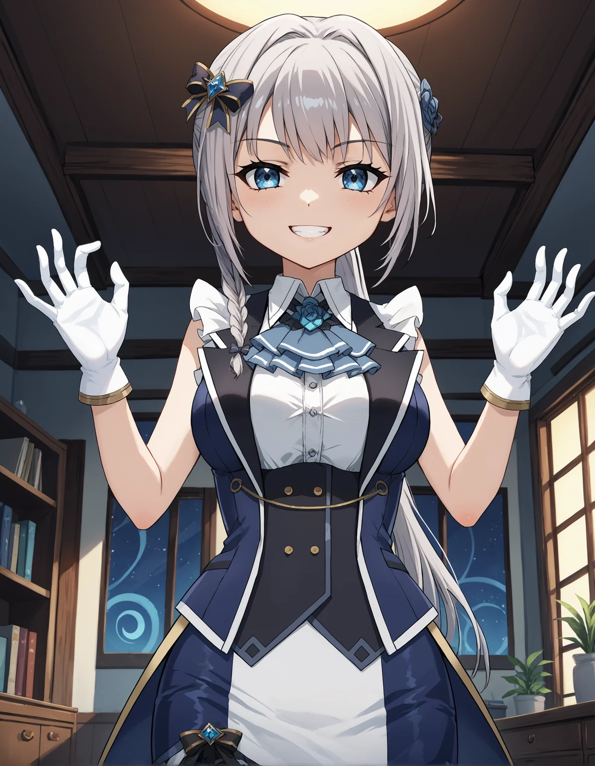 score_9, score_8_up, source_anime, 1girl, upper body, medium shot, detailed, mgrcyakumomitama, mtmmgc, grey hair, ponytail, side braid, blue eyes, looking at viewer, black hair bow with gem, white sleeveless shirt, white frills, blue ascot, blue open tailcoat, black vest, white gloves, blue frilled pencil skirt, light smile, hands up, (from below:0.8), evil grin, indoors, room, (night), squinting, <lora:mgrcyakumomitama_XL:1>