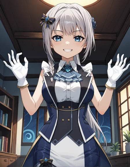 score_9, score_8_up, source_anime, 1girl, upper body, medium shot, detailed, mgrcyakumomitama, mtmmgc, grey hair, ponytail, side braid, blue eyes, looking at viewer, black hair bow with gem, white sleeveless shirt, white frills, blue ascot, blue open tailcoat, black vest, white gloves, blue frilled pencil skirt, light smile, hands up, (from below:0.8), evil grin, indoors, room, (night), squinting, <lora:mgrcyakumomitama_XL:1>