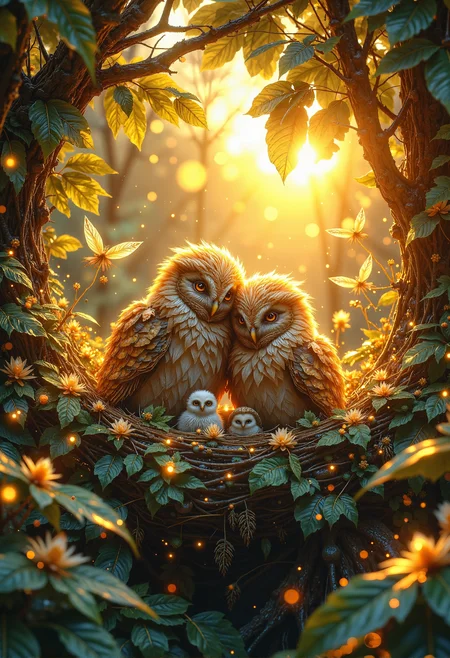 A serene forest scene at sunrise, with golden sunlight streaming through lush, vibrant leaves, illuminating a cozy nest cradled in the crook of a tree. In the nest, two fluffy, brown owls sit side by side, their soft feathers glowing warmly in the gentle light. Their eyes are closed, leaning into each other in a gesture of pure contentment. Surrounding them, tiny, ethereal baby owls flutter gently, their delicate, downy feathers catching the sunlight as they hover playfully. The atmosphere is magical and tranquil, with floating golden particles adding a dreamlike quality to the scene. <lora:Midjourney_Dreamlike_Fantasy_FLUX_LoRA.safetensors:0.65>, <lora:Elden_Ring_-_Yoshitaka_Amano.safetensors:1.0>, <lora:aiai-Glimra-Flux-Dev-v2.safetensors:0.5>,