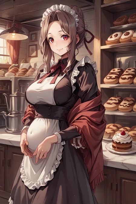 score_9, score_8_up, score_7_up, score_6_up, source_anime, BREAK, <lora:Mistel:0.8> , misdef, 1girl, long hair, brown hair, red eyes, hair bun, hair ribbon, ribbon, looking at viewer, smile, closed mouth, serene, large breasts, (mature woman), (maid outfit), maid headdress, red shawl, <lora:zy_Detailed_Backgrounds_v1:0.3> , detailed background, highly detailed, indoor, shop, bakery, clutter, <lora:backgroundsetXL:0.4> , background, <lora:Early_Pregnancy:1> , early pregnancy, baby bump, small belly, <lora:m31d0n0XLP:0.8> , m31d0n0, maid,