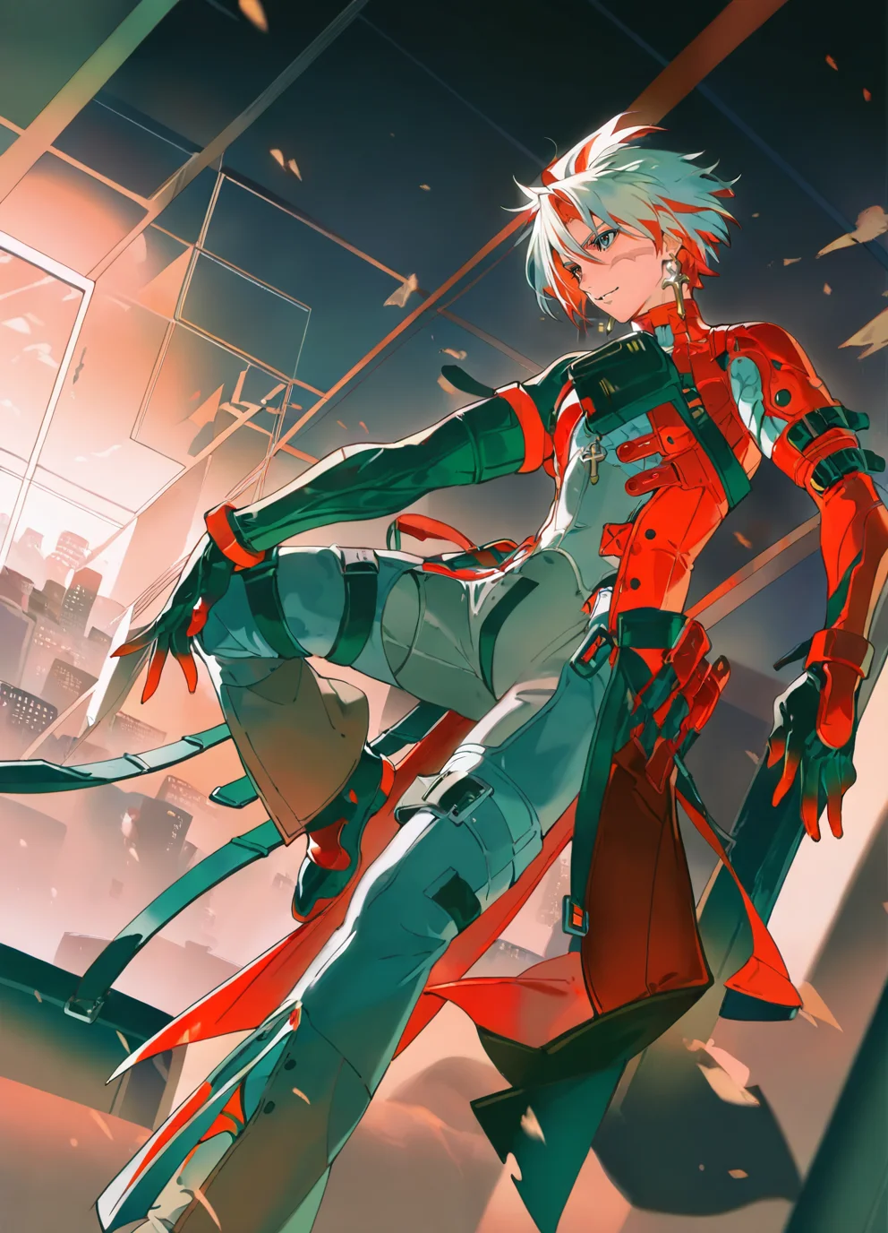 1boy,solo,masterpiece,best quality,amazing quality,minaba hideo,rei \(sanbonzakura\),mika pikazo,[alchemaniac],[[yoneyama mai]],
full body,city scenery outside the window,rooftop,belt,
<lora:ScarLoraNoob:1>,standing,scar_(wuthering_waves),1boy,male focus,short hair,earrings,red hair,multicolored hair,white hair,bodysuit,grey bodysuit,gloves,official alternate costume,scar on face,grey eyes,red eyes,