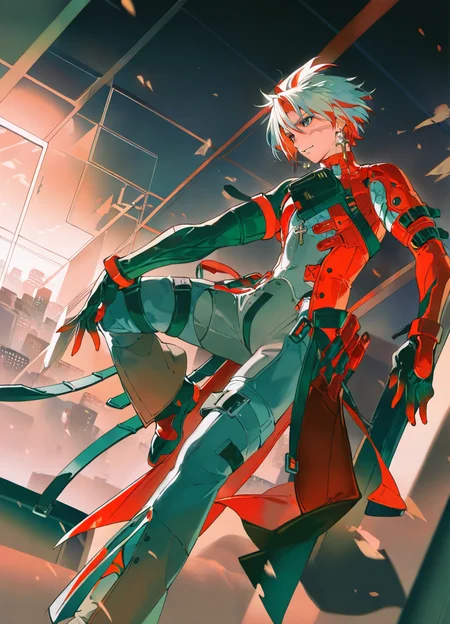 1boy,solo,masterpiece,best quality,amazing quality,minaba hideo,rei \(sanbonzakura\),mika pikazo,[alchemaniac],[[yoneyama mai]],
full body,city scenery outside the window,rooftop,belt,
<lora:ScarLoraNoob:1>,standing,scar_(wuthering_waves),1boy,male focus,short hair,earrings,red hair,multicolored hair,white hair,bodysuit,grey bodysuit,gloves,official alternate costume,scar on face,grey eyes,red eyes,