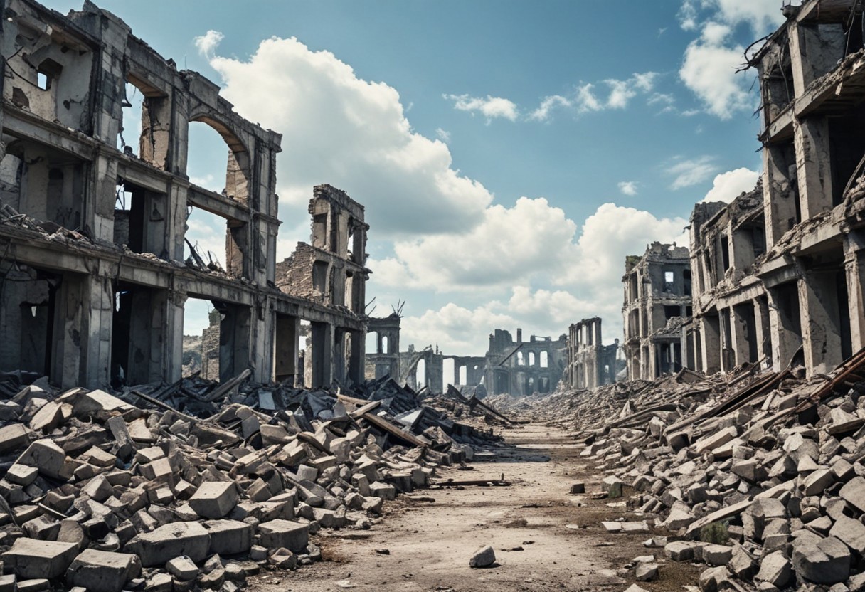 ruins, sky, no humans, scenery, outdoors, day, cloud, blue sky, post-apocalypse, rubble, STX&ChrisBFBG