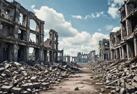 ruins, sky, no humans, scenery, outdoors, day, cloud, blue sky, post-apocalypse, rubble, STX&ChrisBFBG