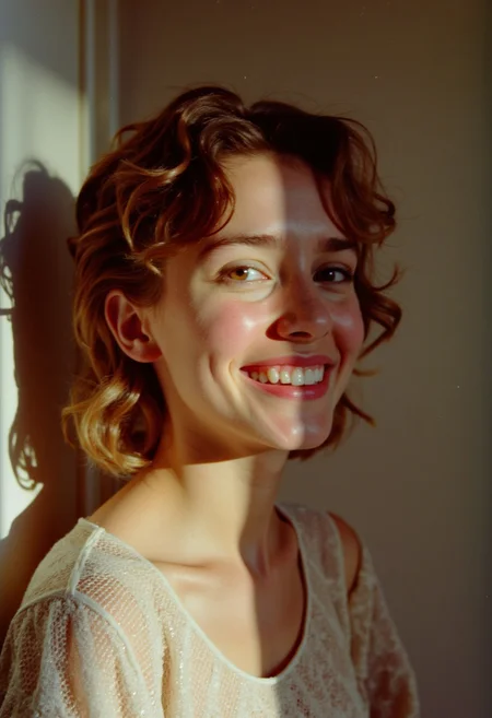 c41_hasselblad_portra400_FLUX, instagram photo an 20 y.o. french woman, happy & natural beauty, film grain, soft shadows
