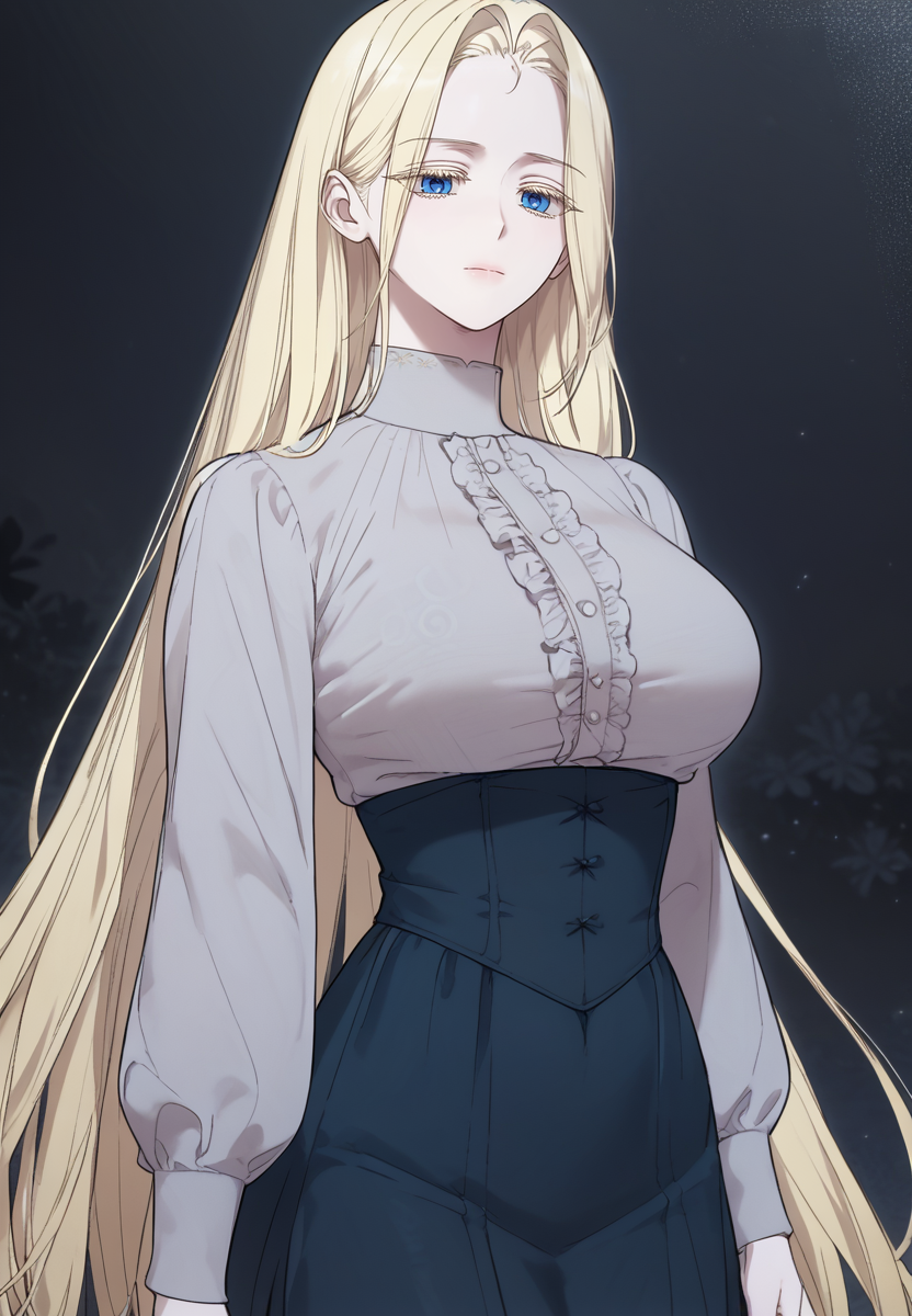 zPDXL3, score_9_up, score_8_up, score_7_up, (Anime_source),Masterpiece,(perfect female body:1.2), small waist, (incredibly detailed:1.4), slim, beautiful fingers, beautiful white skin, Beautiful clear skin, (large breasts:1.4)  thighs, looking at viewer, big breasts, ass, perfect ass,  <lora:Annette_Rosenberg_-_My_Beloved_Oppressor-Kaleid_PONY:1> annetterosenberg, blue eyes, 1girl, solo, blonde hair, blonde eyelashes, expressionless, closed mouth, dark circles, long hair, dress, long sleeves, large breasts, small waist