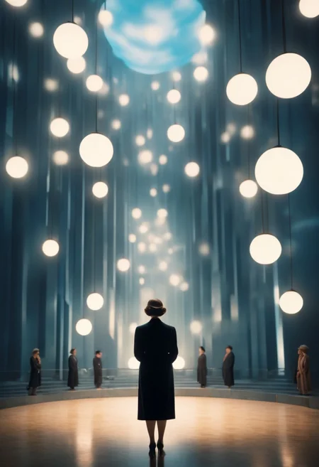 Rene Magritte , (tilt-shift lens:1.6), fantasy ambience, anime style,  woman contemplating, immersive-inspired art deco, inside and out landscape,showing the giant lighting maximalist.  award-winning, professional, In the midst of a darkened room, swinging its club and the warriors charging forward.