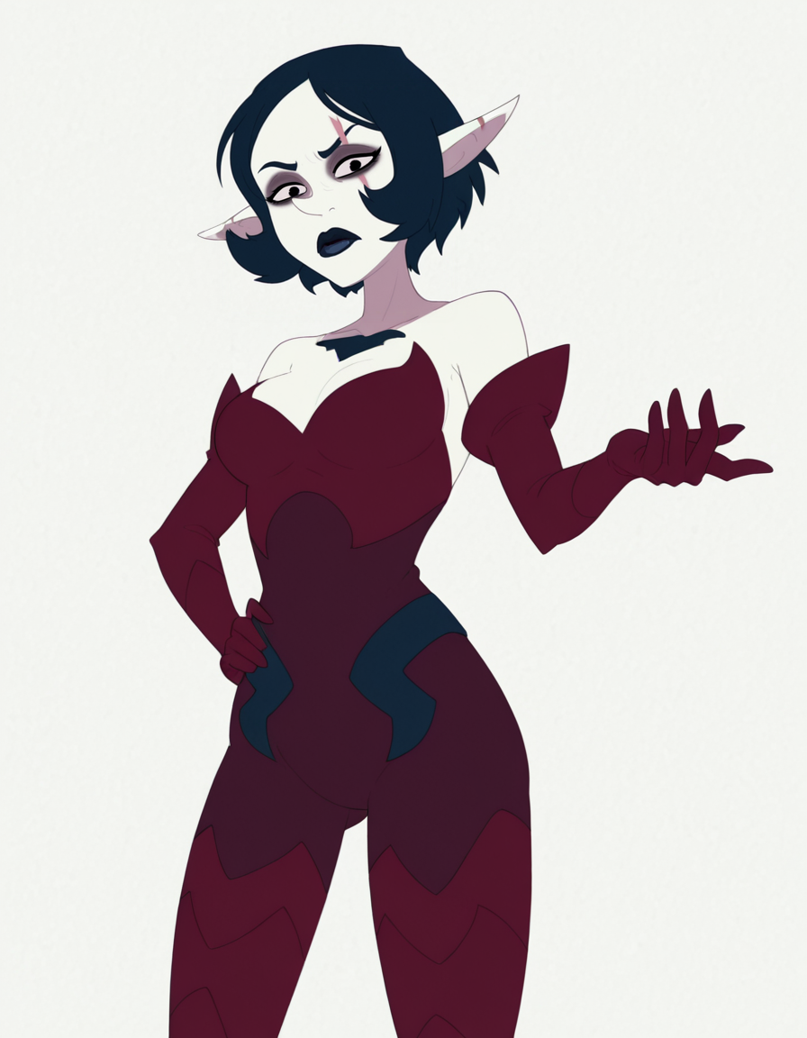 <lora:JudithDofusIllustrious1.0JLFO:1> judithdofus, 1girl, blue hair, short hair, solo, pointed ears, makeup, blue lips, , black eyes, pale skin, bodysuit, elbow gloves, scar across eye, looking at viewer, hand on own hip, cowboy shot,white,