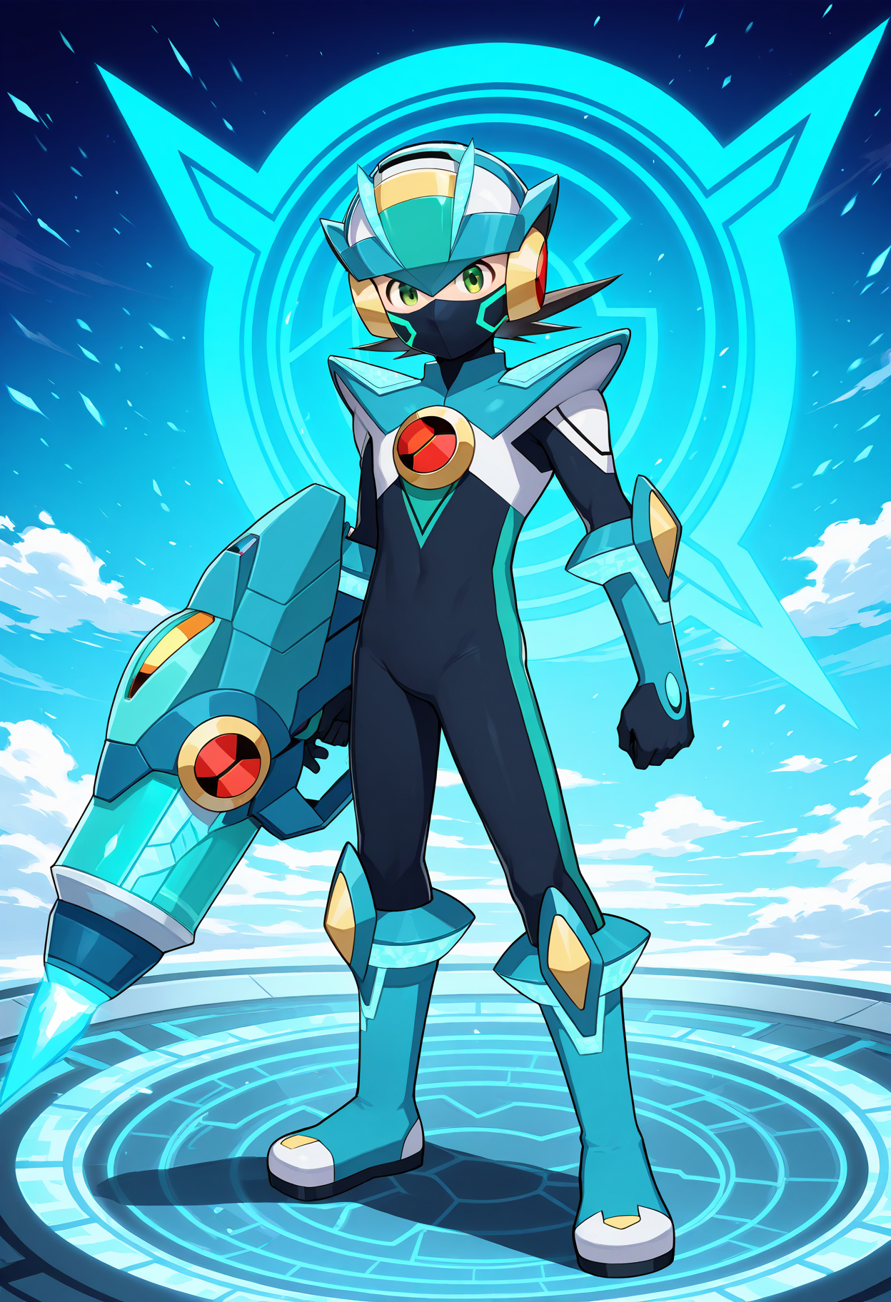masterpiece,best quality,amazing quality,megaman.exe,x dive armor,fantasia comet,helmet,weapon,green eyes,male focus,1boy,armor,bodysuit,covered mouth,looking at viewer,standing,boots,blue footwear,solo,mouth mask,mask,blue armor,full body,shoulder cannon,black bodysuit,energy cannon,solo focus,gloves,shoulder armor,holding weapon,<lora:DiVE_Cross:1>,