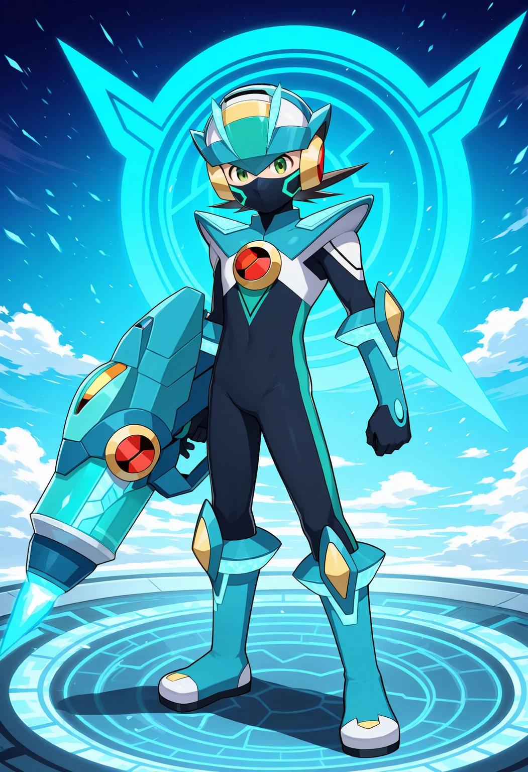 masterpiece,best quality,amazing quality,megaman.exe,x dive armor,fantasia comet,helmet,weapon,green eyes,male focus,1boy,armor,bodysuit,covered mouth,looking at viewer,standing,boots,blue footwear,solo,mouth mask,mask,blue armor,full body,shoulder cannon,black bodysuit,energy cannon,solo focus,gloves,shoulder armor,holding weapon,<lora:DiVE_Cross:1>,