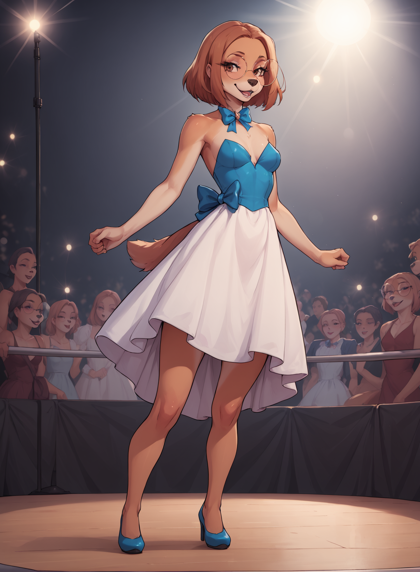 score_9, score_8_up, score_7_up, score_6_up, score_5_up, score_4_up, <lora:SukiLanePXL:1> SukiLanePXL, anthro, brown eyes, round glasses, small breast, evening dress, full body, on stage, thanking the crowd, greeting to crowd, reverence, bow down, stage