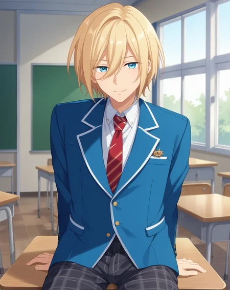 score_9, score_8_up, score_7_up, source_anime, anime screencap, depth of field, rating_safe, BREAK,
1boy, solo, yaoi, male focus, looking at viewer, cowboy shot, facing viewer,
<lora:tenshouin_eichi_pony:1> tenshouin_eichi_pony, blonde hair, blue eyes, medium hair, hair between eyes, bangs,
yumenosaki school uniform, blue jacket, white shirt, collared shirt, red necktie, black pants, plaid pants,
indoors, school, classroom, desk, sitting, arms at sides,
<lora:age_slider_v4:1.75>