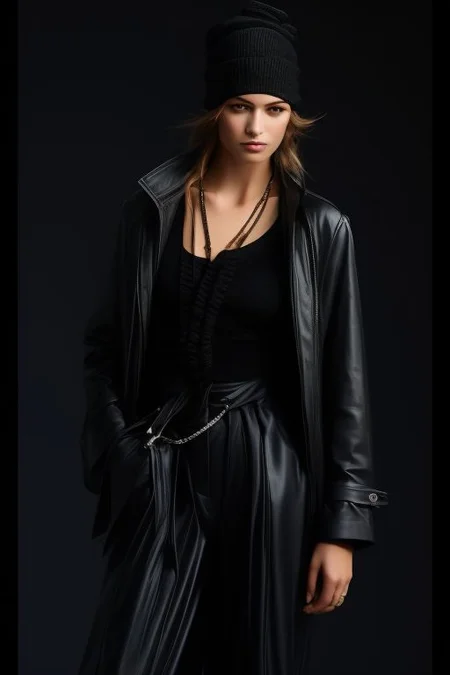 masterpiece,best quality,ultra_detailed, bellissima , dark background, 1girl wearing a white collared shirt, black pants, beanie, black coat, chain necklace, Armani style, hand on hip, realistic, fashion, cowboy shot, by annie leibovitz