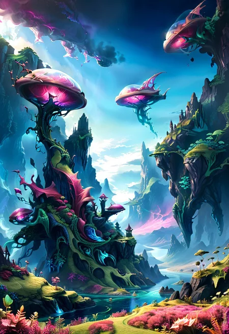 Hyper-realistic alien landscape featuring a vast crystal forest with towering, a greenish coloring of plant life and large hills and smallish mountains like the Scottish highlands. . castle, The sky is a swirling mix of deep indigo and bright magenta, with two suns setting on the horizon. bioluminescent plants line the riverbanks.A flying ship, is flying high up in the sky Extreme detail, 8K resolution, photorealistic textures, cinematic lighting, depth of field.