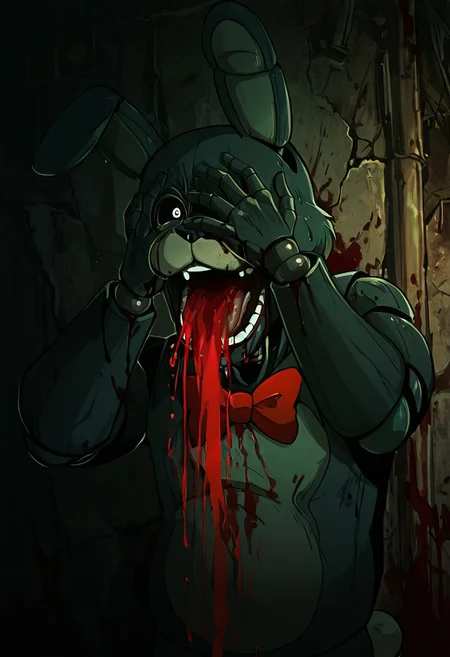 masterpiece, best quality, amazing quality, very aesthetic, absurdres, newest, detailed background,
bonnie, rabbit ears, red bowtie,, 1boy, joints, animatronic
open mouth, vomiting blood, angry, horror, dark garage background, black sclera, ruined makeup, black tears, covered in blood, covering face with one hand, abandoned room,