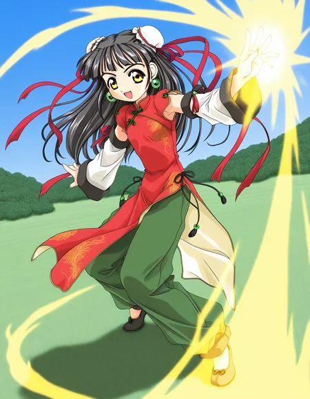 general,highres, ultra-detailed,very aesthetic,best quality ,best hands, BREAK <lora:Kounyan_Spiral_NAMI_IS:1>Kounyan, black hair, long hair, double bun, hair bun, bun cover, yellow eyes, ribbon, earrings, flat chest, green jewelry,
1girl, solo, chinese clothes, china dress, red dress, open mouth, long hair, smile, detached sleeves, green China pants, chibi,
grass, blue sky, aura, aura effect, spark,