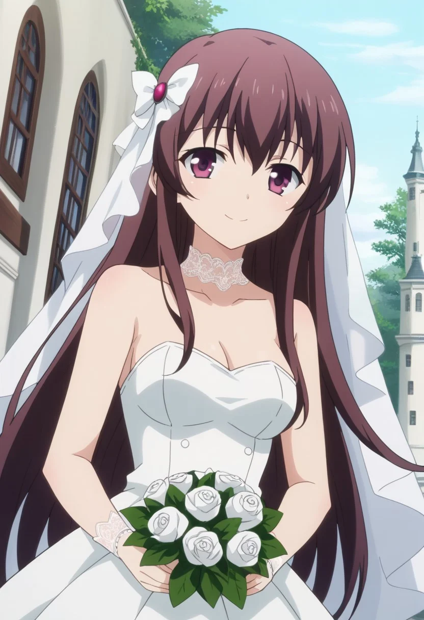 zPDXL3, score_9_up, score_8_up, score_7_up, (Anime_source), masterpiece, volumetric lighting, vibrant colors, source_anime, perfectly detailed face and body and eye, high resolution, 1girl, solo, kisaragi, long hair, brown hair, brown eyes, purple eyes, kisaragi (kancolle), light smile, glancing at viewer, adult, medium breasts, bare shoulders, sleeveless, lace choker, white wedding dress, strapless dress, lace trim, white lace bracers, hands together, carrying a bouquet of violet and white flowers, standing on a stage, wedding ceremony, garden view, colorful birds flying in the background, sunny, outdoors, cinematic, dutch angle, perfecteyes, Perfect Hands, traditional media, <lora:add-detail-xl:0.4>, warm exterior lighting, subtle shadows, soft, cinematic, compelling composition, storytelling elements, conveys emotion, mood, and narrative depth, anime screencap, by ufotable, fate_\(series\), heaven's feel, <lora:ufotable_lora_pony:1>