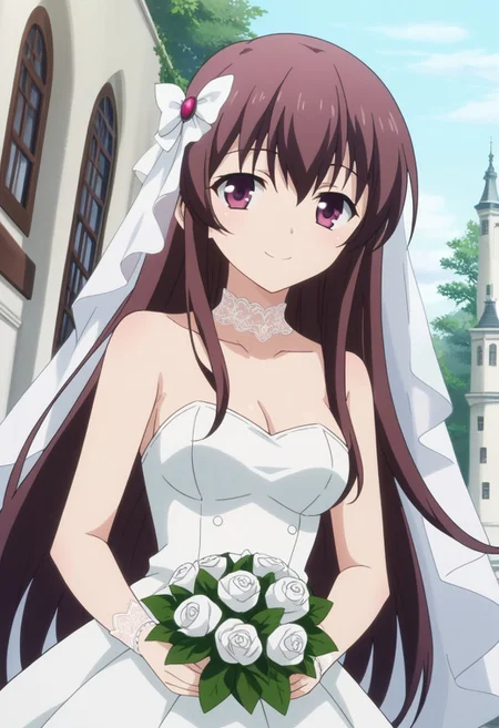 zPDXL3, score_9_up, score_8_up, score_7_up, (Anime_source), masterpiece, volumetric lighting, vibrant colors, source_anime, perfectly detailed face and body and eye, high resolution, 1girl, solo, kisaragi, long hair, brown hair, brown eyes, purple eyes, kisaragi (kancolle), light smile, glancing at viewer, adult, medium breasts, bare shoulders, sleeveless, lace choker, white wedding dress, strapless dress, lace trim, white lace bracers, hands together, carrying a bouquet of violet and white flowers, standing on a stage, wedding ceremony, garden view, colorful birds flying in the background, sunny, outdoors, cinematic, dutch angle, perfecteyes, Perfect Hands, traditional media, <lora:add-detail-xl:0.4>, warm exterior lighting, subtle shadows, soft, cinematic, compelling composition, storytelling elements, conveys emotion, mood, and narrative depth, anime screencap, by ufotable, fate_\(series\), heaven's feel, <lora:ufotable_lora_pony:1>