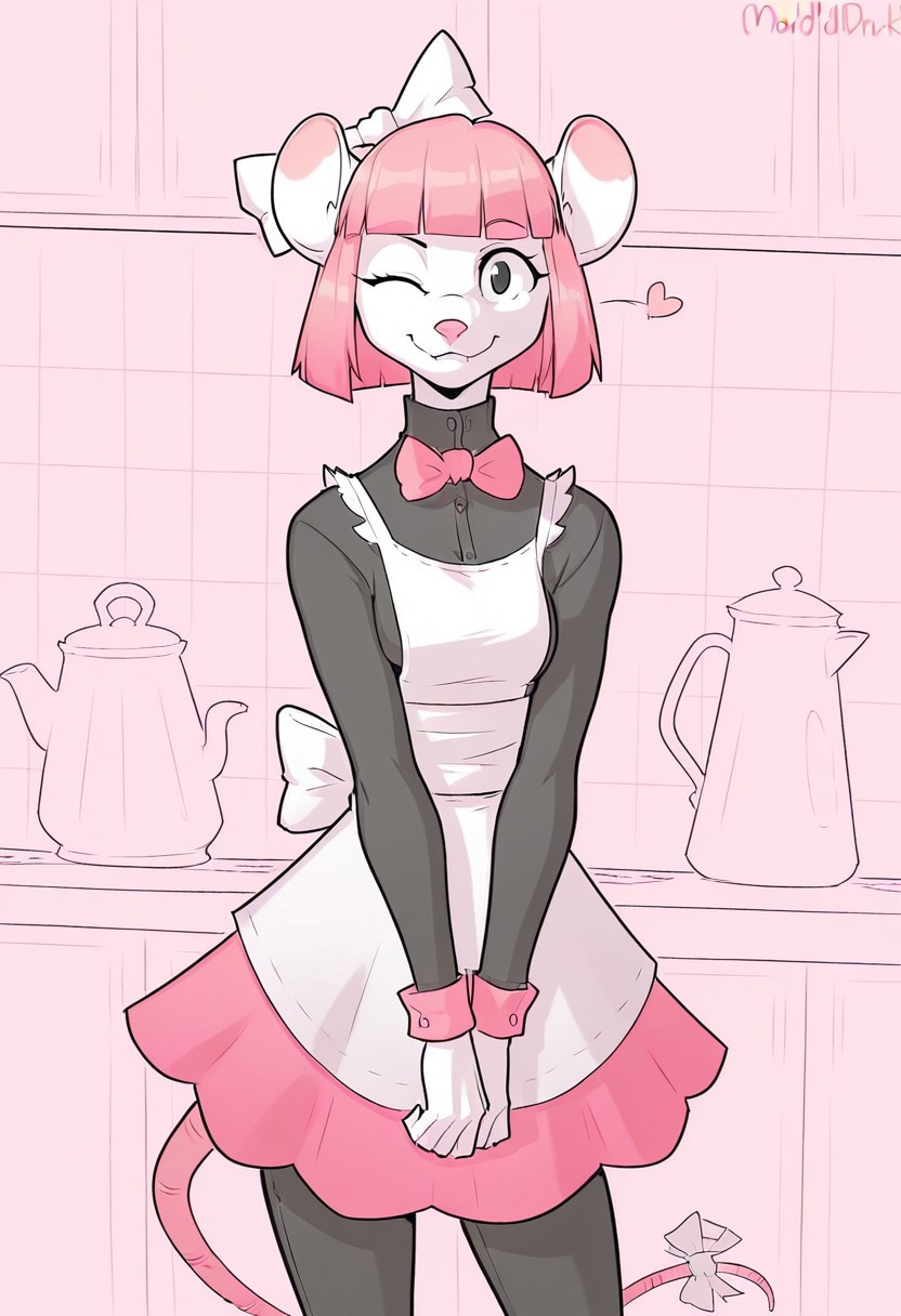 Best quality, solo, masterpiece, maidrat, pink hair, anthro, rat, apron, tail, hair bowtie, looking at viewer, wink