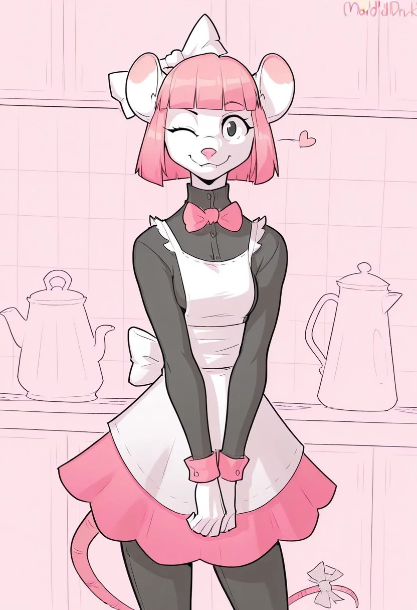 Best quality, solo, masterpiece, maidrat, pink hair, anthro, rat, apron, tail, hair bowtie, looking at viewer, wink