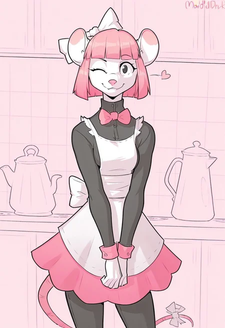 Best quality, solo, masterpiece, maidrat, pink hair, anthro, rat, apron, tail, hair bowtie, looking at viewer, wink