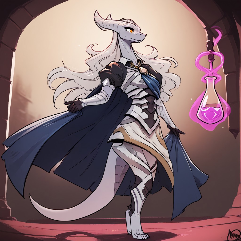 score_9, score_8_up, score_7_up, score_6_up, ganassa, mis'alia, furry female, white skin, dragon girl, horns, snout, tail, magic potion shop, big tits, armored dress, blue cape, puffy sleeves, juliet sleeves, vambraces, black gloves, armored legwear, barefoot