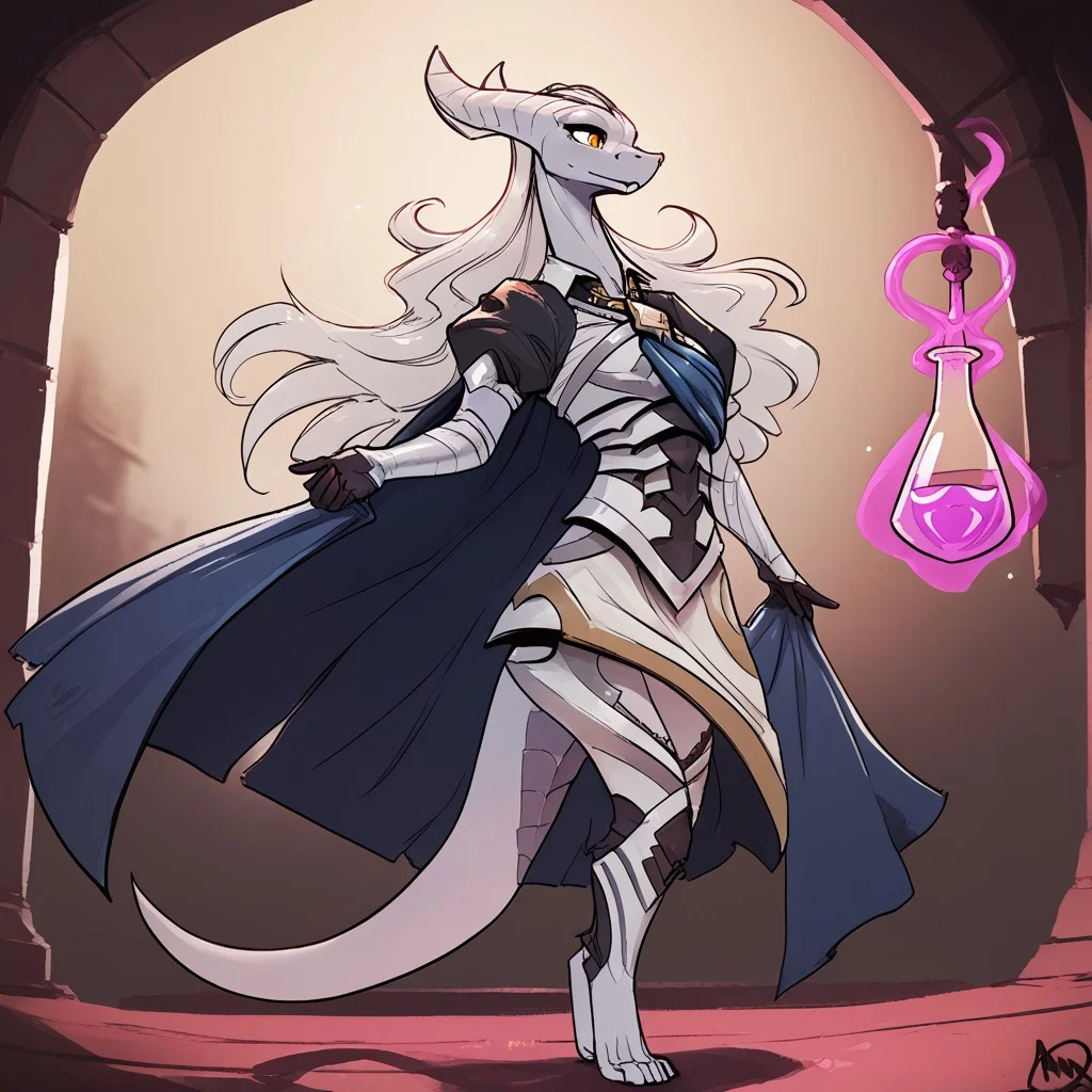 score_9, score_8_up, score_7_up, score_6_up, ganassa, mis'alia, furry female, white skin, dragon girl, horns, snout, tail, magic potion shop, big tits, armored dress, blue cape, puffy sleeves, juliet sleeves, vambraces, black gloves, armored legwear, barefoot