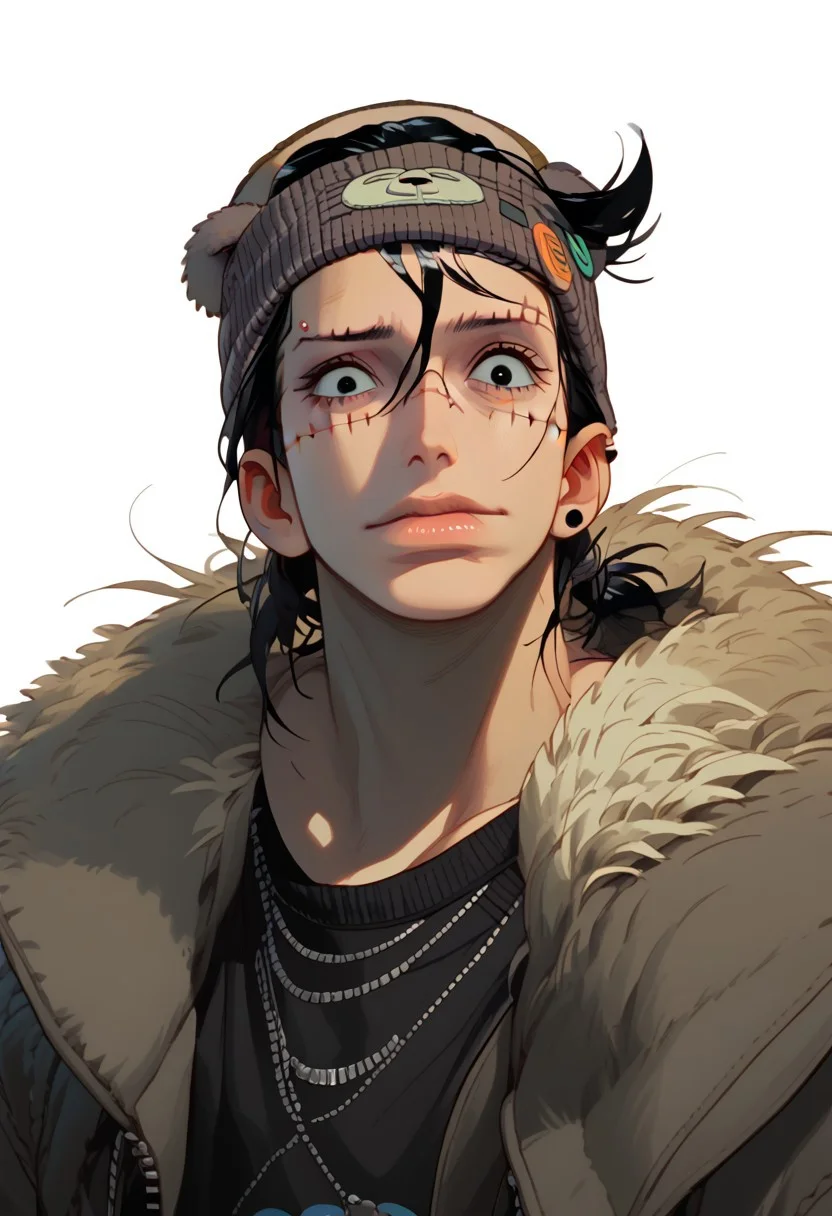 score_9, score_8_up, score_7_up, score_6, score_5, anime, hyper detailed face, perfect face, perfect eyes, perfect anatomy, perfect hands, closeup, 1boy, solo, black eyes, black hair, spiky hair, messy hair, fully clothed, athletic, ((koala hat, koala beanie, animal hat, fur_ears, grey_bear_ears, grey_beanie, Croco_scar across face)), male focus