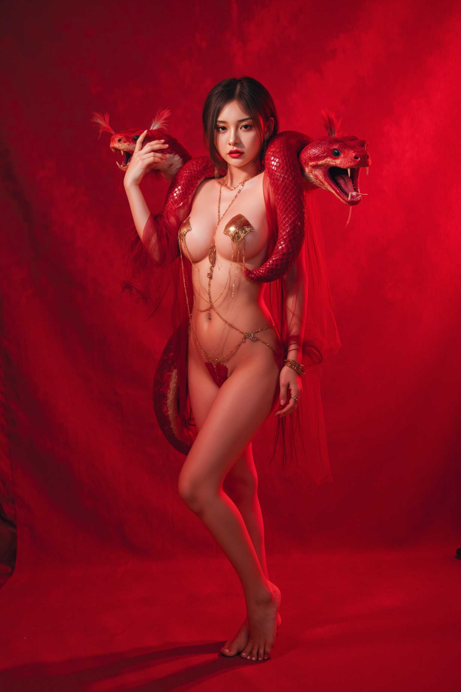 This is a high-resolution professional full body photograph featuring a young woman is posed in a standing contrapposto stance, with subtle weight shifted to one leg to create a natural S-curve in the body silhouette. This classic posing technique creates visual interest and a sense of elegance.

She is wearing SGWN40ClothingStyle3 with the super large snake is coiling around the body.

The lighting features a high-contrast, monochromatic blue color scheme that creates a moody, intimate atmosphere. A super large anaconda on her shoulder with red color skin and feather head showing his teeth.

The photography technique uses what appears to be soft lighting to create a glamorous effect, with careful attention to highlighting contours while maintaining the dominant red color scheme throughout the frame.

The overall aesthetic combines elements of fashion photography, traditional Asian visual motifs, and contemporary boudoir styling. The dramatic red lighting creates a cohesive visual theme that ties all elements of the composition together.

The soft white light coming from the front highlighting the subject feature.