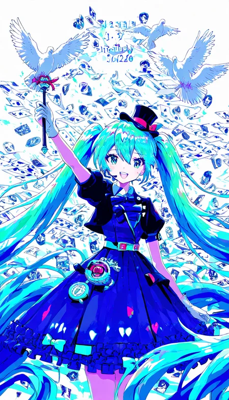 1girl,solo,long hair,looking at viewer,smile,open mouth,blue eyes,gloves,hat,white background,dress,bow,holding,twintails,very long hair,blue hair,jacket,flower,short sleeves,cowboy shot,frills,puffy sleeves,white gloves,character name,dated,puffy short sleeves,black jacket,sparkle,black headwear,aqua hair,blue dress,rose,bird,frilled dress,outstretched arm,happy birthday,top hat,card,wand,holding wand,dove,hatsune miku,magical mirai miku,(artist:quasarcake:0.8),extreme aesthetic,best quality,good quality,newest,very aesthetic,absurdres,Visual impact,Electromotive force,perspective composition,A shot with tension,ultra-high resolution,32K UHD,sharp focus,best quality,masterpiece,Emotionalization masterpiece,unconventional supreme,masterful details,with a high end texture,in the style of fashion photography,(Visual impact:1.2),