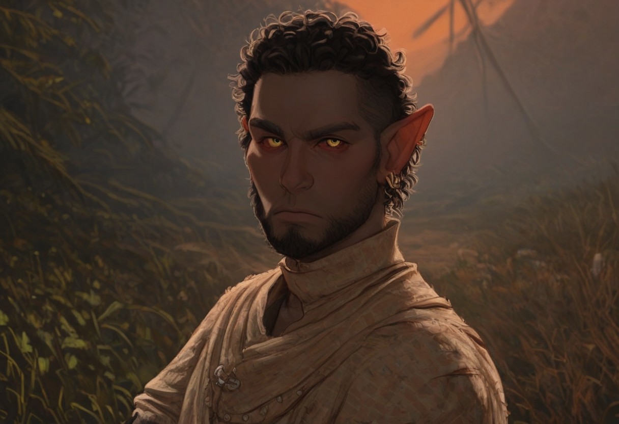 solo, short pointy ears, full body, piercings, random elf face, aquiline features, male dark elf, masculine, facial hair, brow rings, beaded piercings, weathered skin, blue-grey skin, chiseled features, large nose, insect chitin armor, insect chitin helmet, insect chitin ornaments, stylized insect pattern, athletic build,  animated realism, zoomed out, Syrian features, torso, yurts, tents, native camp, elegant berber tapestries, dead desert trees, ash dunes, distant volcano, ashy soil, grey green foliage, distant grey hills, sunrise, gloomy lighting, grey fabric awnings, dark wood posts, light dust clouds, grey-blue skin, mahogany and ivory clothes, medium armor, bone plate armor, ivory straps and fittings, alien bone ornaments, grey wood neckguard, red sclera, black pupils, blue-green light, neon, highly detailed, defined features, looking at viewer, three quarters view, from side, dynamic lighting, 29 years old, light and shadows, patterned cloth, annoyed expression, expressive eyes, detailed medieval clothes, short hair, wavy hair, thick hair, beaded hair, braided hair, under cut hair, semirealistic, alien elf, spanish features, jewish features, black hair, dark red hair, umber skin, sharp features, pastel green inuit print cloak, nighttime, high detail, absurdres, pretty eyes, detailed eyes, yellow eyes,