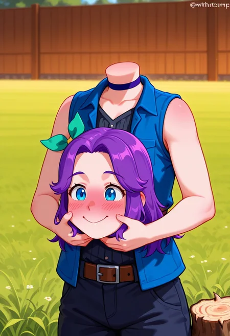 (((A young headless woman on a farm while holding her disembodied head and smiling))), (holding disembodied head with neckstump: 2.0), (withnstump: 1.5), 1girl, 1girl, NSAbigailBase, blue eyes, purple hair, long hair, parted bangs, hair bow, green bow, purple choker, blue jacet, open jacket, sleeveless, black shirt, black pants, belt, ((solo:1.5), headless woman, heavily blushing, (holding head: 1.5), upper body,