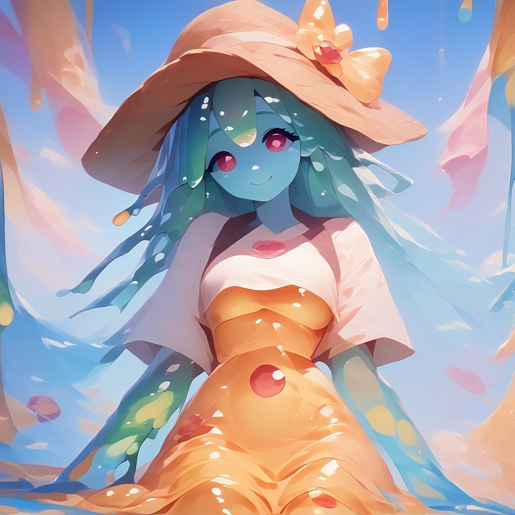 score_9, score_8_up, score_9_up, score_7_up, high quality, masterpiece, highly detailed, solo, (((colorful slime women))), medium breasts, summer dress, Slime core, cute pose, happy expression, summer hat