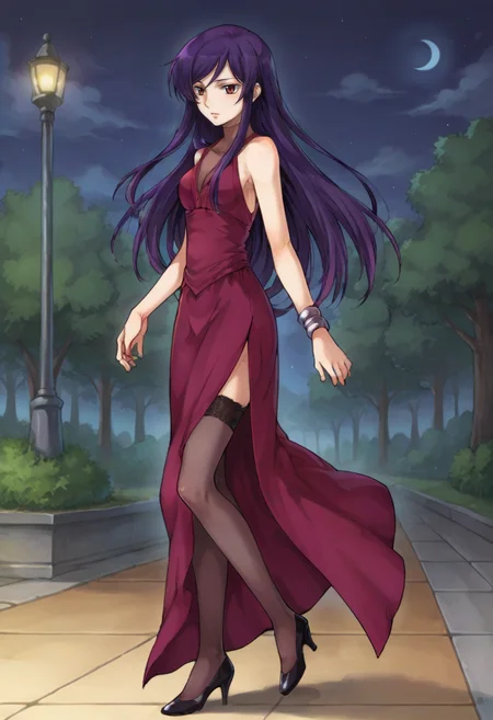 score_9,score_8_up,score_7_up,anime coloring BREAK source_anime,anime,<lora:Tieria_Erde_cross_dressed_Gundam_00_Pony:0.8>,tieriacd,1other,solo,red eyes,purple hair,long hair,crossdressing,bracelet,dress,purple dress,bare shoulders,side slit,thighhighs,high heels,outdoors,park,night,night sky,from_side,
