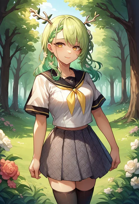 score_9, score_8_up, source_anime, CeresFauna, mole under eye, antlers, long hair, braided bangs, hair flowers, YasogamiFemaleSummer, white shirt, short sleeves, black sailor collar, yellow neckerchief, grey skirt, black thighhighs, smile, outdoors, forest, flowers, <lora:ChamYasogamiSchoolUniformPonyXL:1>, <lora:ChamCeresFaunaPonyXL:1>