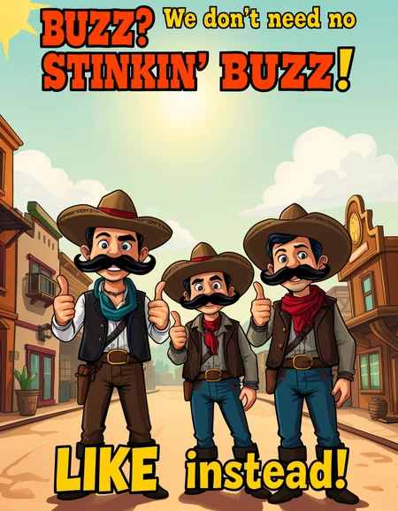 cartoonish, ((Old West stylized font, title at the top that says (("BUZZ? We don't need no STINKIN' BUZZ! LIKE instead!")))), sunshine, old west town, wooden buildings, ((Old West Mexican bandits with mustaches)), (smiling). ((Mexican bandits are giving the thumbs up sign)). wearing bandoliers across their chest. clean lines. fun atmosphere