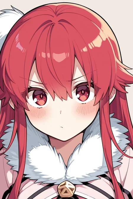 {{masterpiece,best quality,amazing quality}},
BREAK
1girl, solo, portrait, upper body, looking at viewer, simple background, red hair, long hair, hair between eyes, blush, red eyes, sidelocks, fur trim
<lora:Kishida_Koara_Style:1>