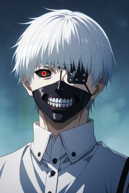 score_9, score_8_up, score_7_up, source_anime, rating_safe, intricate details, semi-realistic, , upper body, depth of field, 1boy, solo, male focus, <lora:ken_kaneki_pony:0.92>, ken_kaneki, white hair, short hair, bangs, eyepatch, colored sclera, black sclera, red eyes, mask, mouth mask, teeth, kagune \(tokyo ghoul\), , grimdark, Standing with hands in front, suggesting submission, <lora:sdxl_lightning_8step_lora:1>