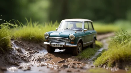 (masterpiece:1.4), professional photo, close-up a old dirt miniature car in mud, forest path (grass, water), dramatic, (natural light:1.2), amazing depth of field, shot on Lumix GH5 (cinematic bokeh , dynamic range, vibrant colors)