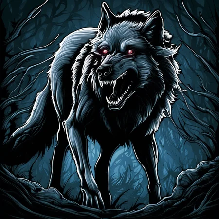 horrifying wolf emerging from darkness by dnmumfrd <lora:dan_mumford_v09:1.7>
