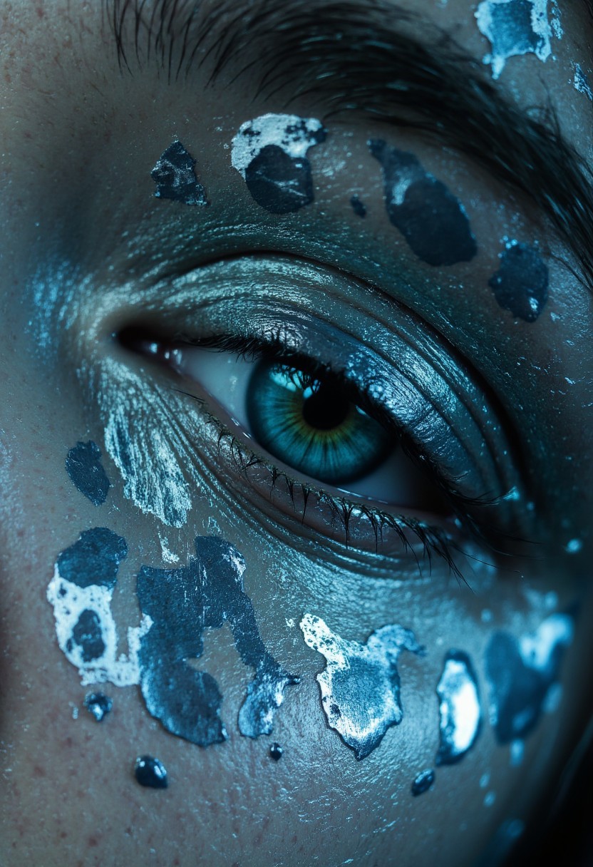 Eyes painted with a design of liquid mirrors, where the lids are covered in a reflective, mercury-like substance that ripples and distorts like a living pool, reflecting impossible scenes of floating castles. The lashes are made of mirrored shards, refracting light chaotically, and her irises are endless voids of reflection, pulling in the viewer’s gaze. Shot in a surreal, reflective light setup with a Sigma fp L, .sig file, highlighting the liquid, reflective distortions.
, aidmarealisticskin, aidmabaldursgate3