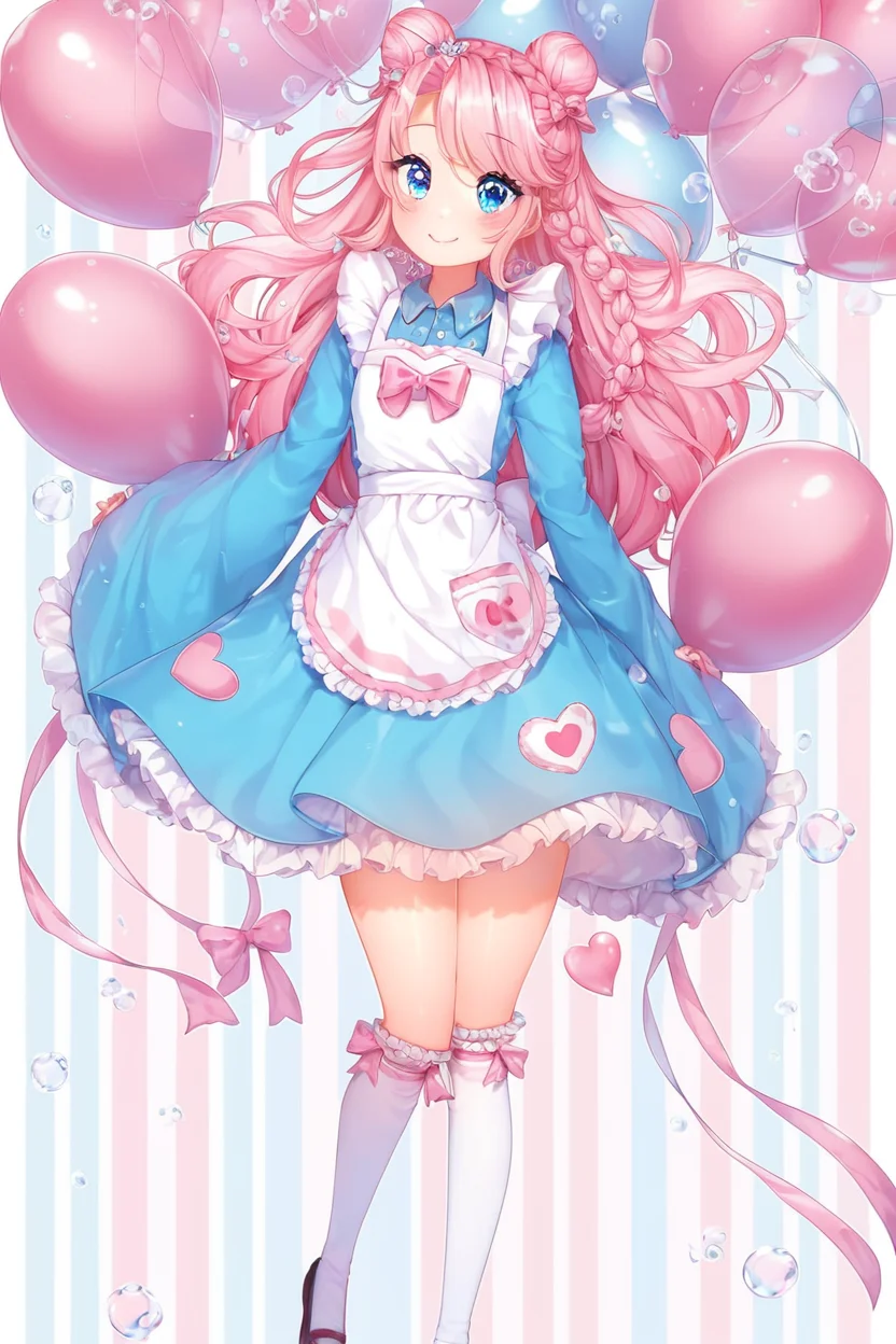 score_9, score_8_up, score_8, (curvy), cute, eyelashes, BREAK ,,, 1girl, apron, balloon, blue blow, blue dress, blue eyes, bow, braid, bubble, double bun, dress, full body, hair bun, heart, kneehighs, long hair, long sleeves, looking at viewer, original, pink hair, pink ribbon, ribbon, sleeves past fingers, sleeves past wrists, smile, socks, solo, striped, striped background, twitter logo, white apron, white socks, wide sleeves, ,,, <lora:Puppypaww_Style_PDXL_v2:0.8>, , BREAK, smile, looking at viewer, embedding:zPDXL, Expressiveh, <lora:SDXLFaeTastic2400:0.5>, <lora:Expressive_H-000001:0.4>,