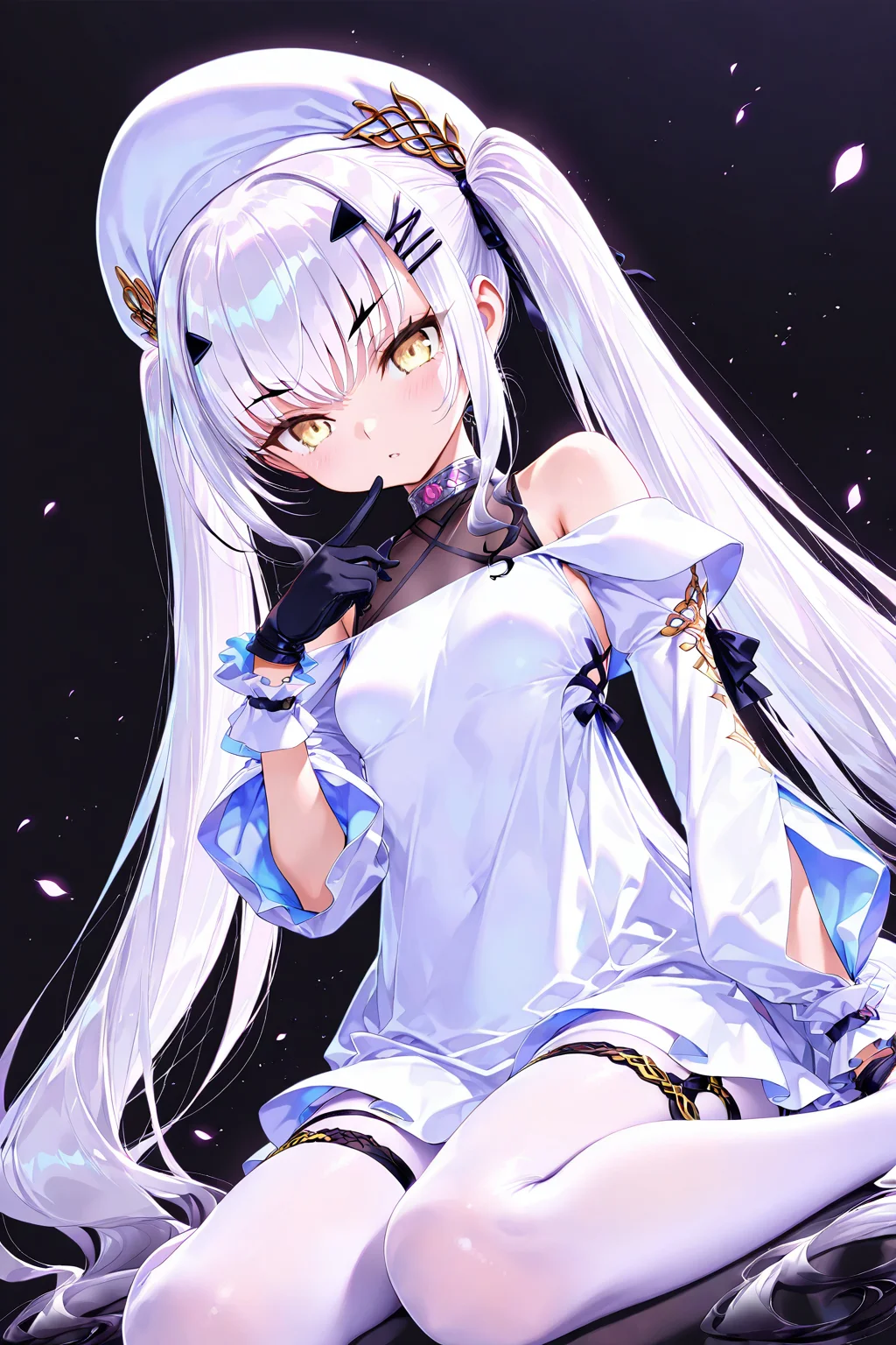 melusine \(Spiritron Dress\) \(fate\),1girl,gloves,black gloves,dress,long hair,white dress,solo,pantyhose,twintails,hat,looking at viewer,white pantyhose,bangs,hair ornament,white hair,hairclip,very long hair,white headwear,yellow eyes,<lora:melusine2 (Spiritron Dress) (fate):0.8>,(black background:1.2),upper_body,dynamic_angle,wariza,, masterpiece,best quality,amazing quality,