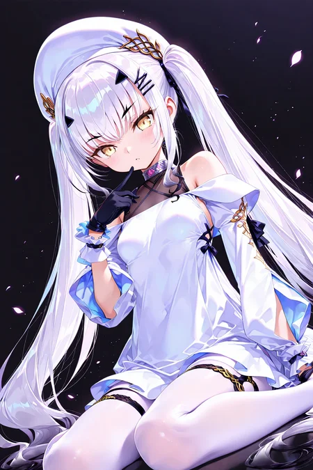 melusine \(Spiritron Dress\) \(fate\),1girl,gloves,black gloves,dress,long hair,white dress,solo,pantyhose,twintails,hat,looking at viewer,white pantyhose,bangs,hair ornament,white hair,hairclip,very long hair,white headwear,yellow eyes,<lora:melusine2 (Spiritron Dress) (fate):0.8>,(black background:1.2),upper_body,dynamic_angle,wariza,, masterpiece,best quality,amazing quality,