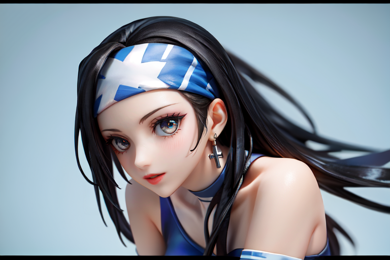 highly insanely detailed, masterpiece, top quality, best quality, highres, 4k, 8k, RAW photo, (very aesthetic, beautiful and aesthetic),  
beth_\(megami_tensei\),bethsmtii,shin megami tensei ii,long hair,black hair,straight hair,sleek black,jewelry,cross,headband,red_lipstick, 
<lora:zs_Beth:0.8>, 
(1girl:1.3), 1other, 
denim blue background,âââ