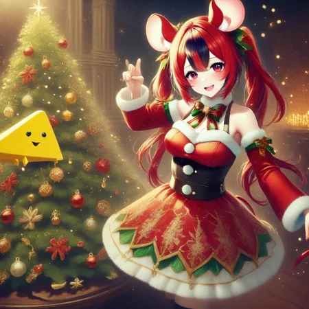 An illustration of mouse girl wear christmas clothes take a giant cheese