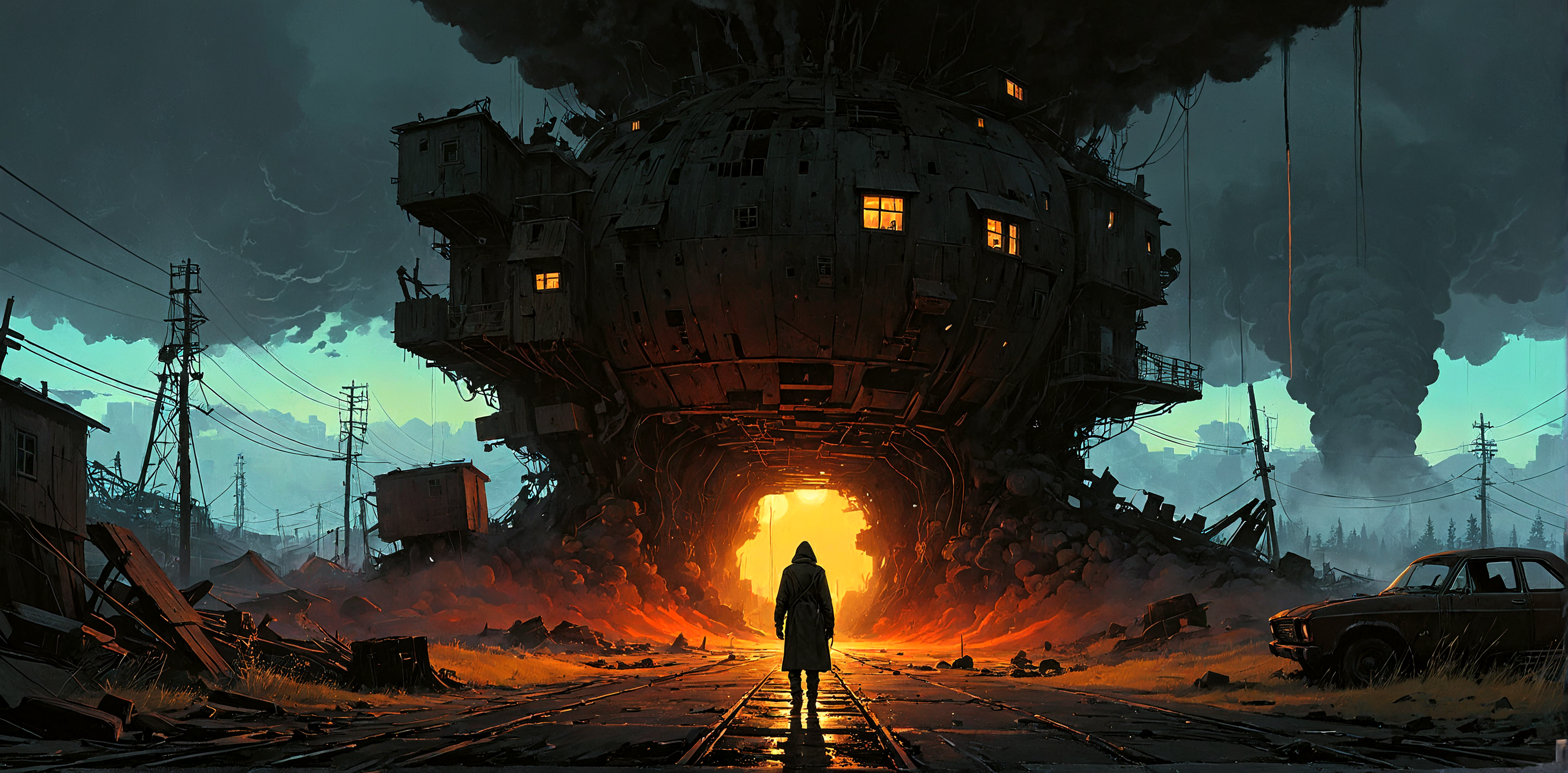 <lora:zavy-cntrst-sdxl:1.3> Panoramic shot, Envision a piece of art that combines the dark, gritty atmospheres of Oliver Barrett, Simon Stalenhag with the vibrant, dynamic styles of Ian McQue, Nico Delort to create a sense of wonder and enchantment, inspired by the imaginative styles of Ash Thorp, Samuel Araya. <lora:add-detail-xl:1.5><lora:Consistency Corrector XL:0.4>