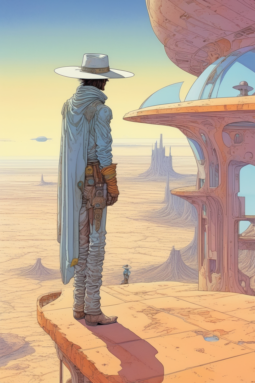 <lora:Moebius (Jean Giraud) Style:1>Moebius (Jean Giraud) Style - A cowboy in a hat stands on the balcony of a futuristic building in the middle of the desert and looks out into the distance
