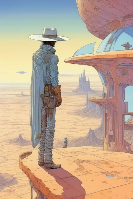 <lora:Moebius (Jean Giraud) Style:1>Moebius (Jean Giraud) Style - A cowboy in a hat stands on the balcony of a futuristic building in the middle of the desert and looks out into the distance