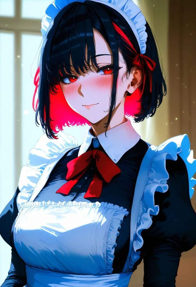 score_9, score_8_up, score_7_up, score_6_up, source_anime, <lora:GAI S2 v0.1:1>,
1girl, solo, long hair, mature female, milf, red eyes, maid, maid headdress, apron, black hair, red ribbon, ribbon, looking at viewer, upper body, colored inner hair, red hair, multicolored hair, long sleeves, closed mouth, short hair, puffy sleeves, bangs, dress, maid apron, blush, neck ribbon, black dress, juliet sleeves, white apron, two-tone hair, collared dress, hair ribbon, frills, bob cut, light particles, frilled apron, blurry